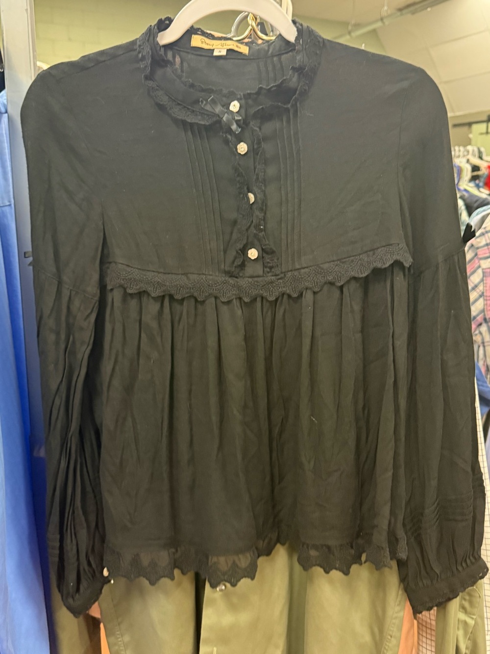Black Ruffled Pintuck Peasant Blouse - Women Tops Size S